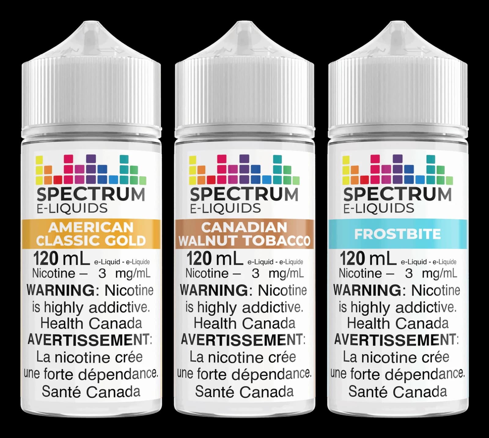 Three Spectrum E-Liquids 120 mL bottles — American Classic Gold, Canadian Walnut Tobacco and Frostbite